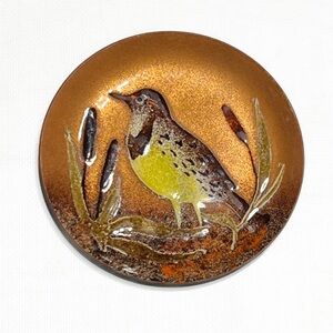 Vintage Copper Enamel Cat Tails Yellow Bellied Warbler Bird Trinket Dish
